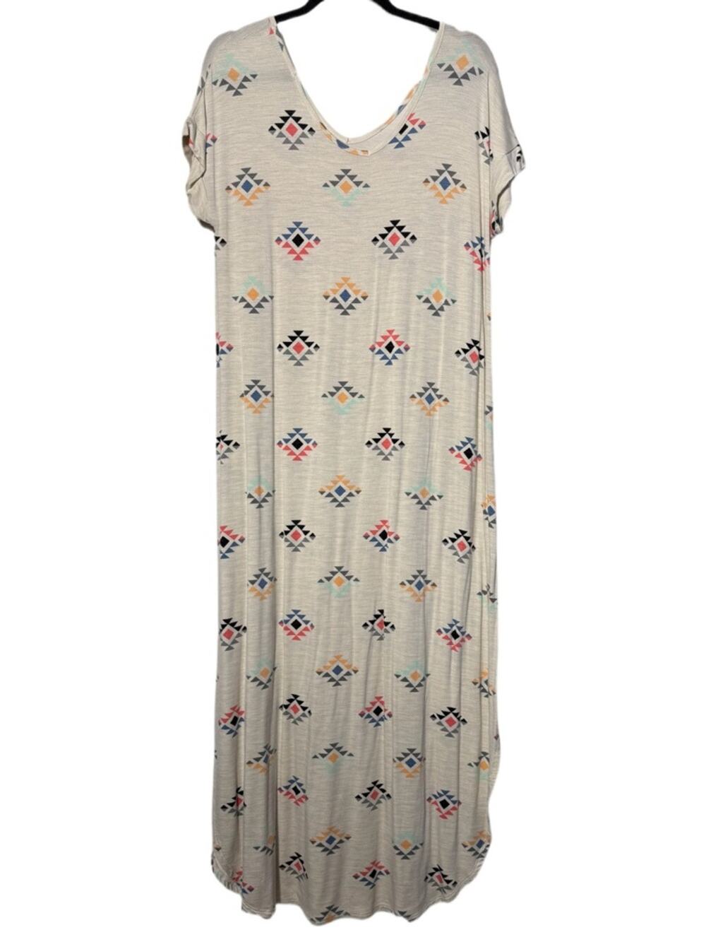 LuLaRoe Cream Maxi Dress with Mint, Coral and Gray Aztec Accents Sz Medium